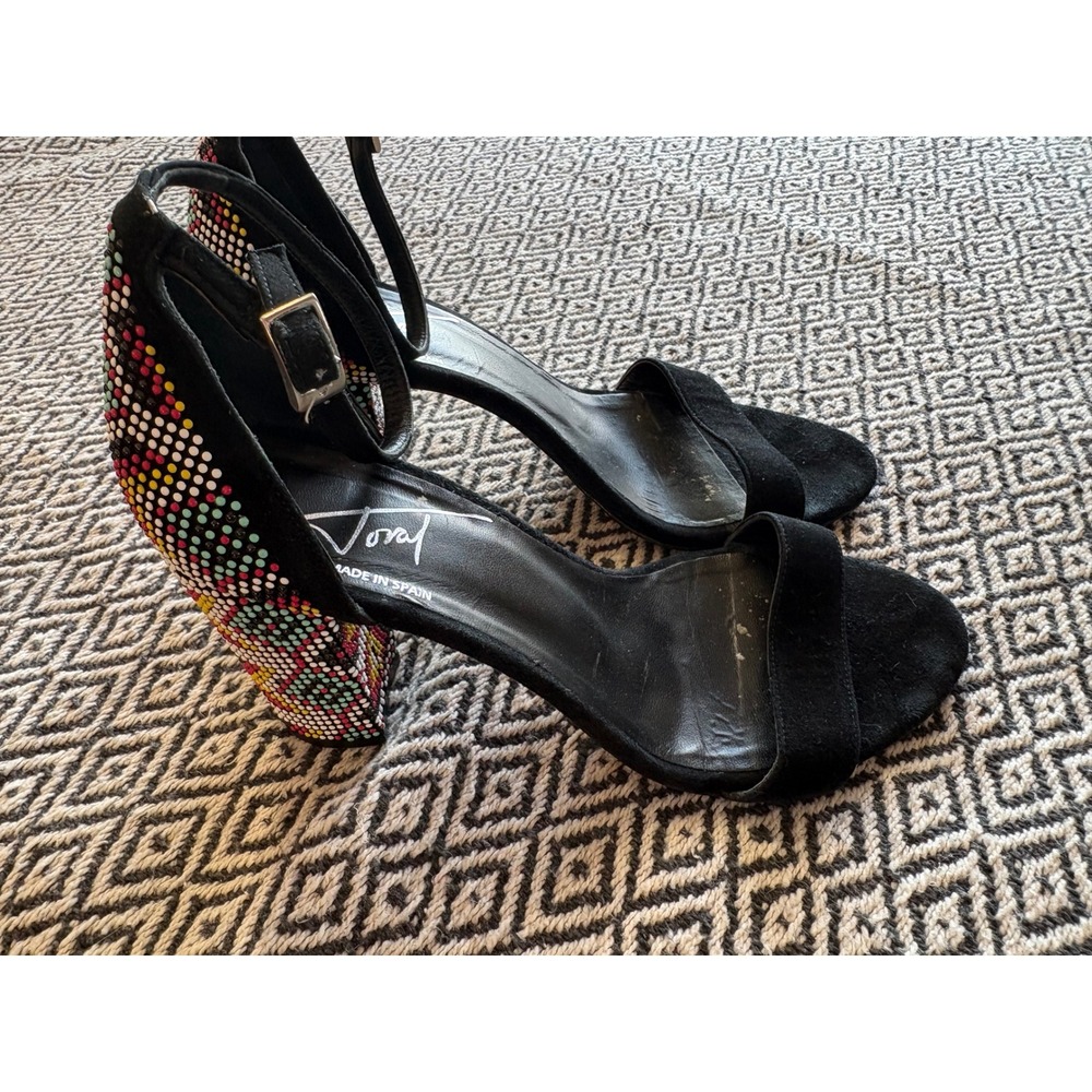Toral Black Suede Beaded Block Heel Sandals Ankle Strap Made in Spain Size 39